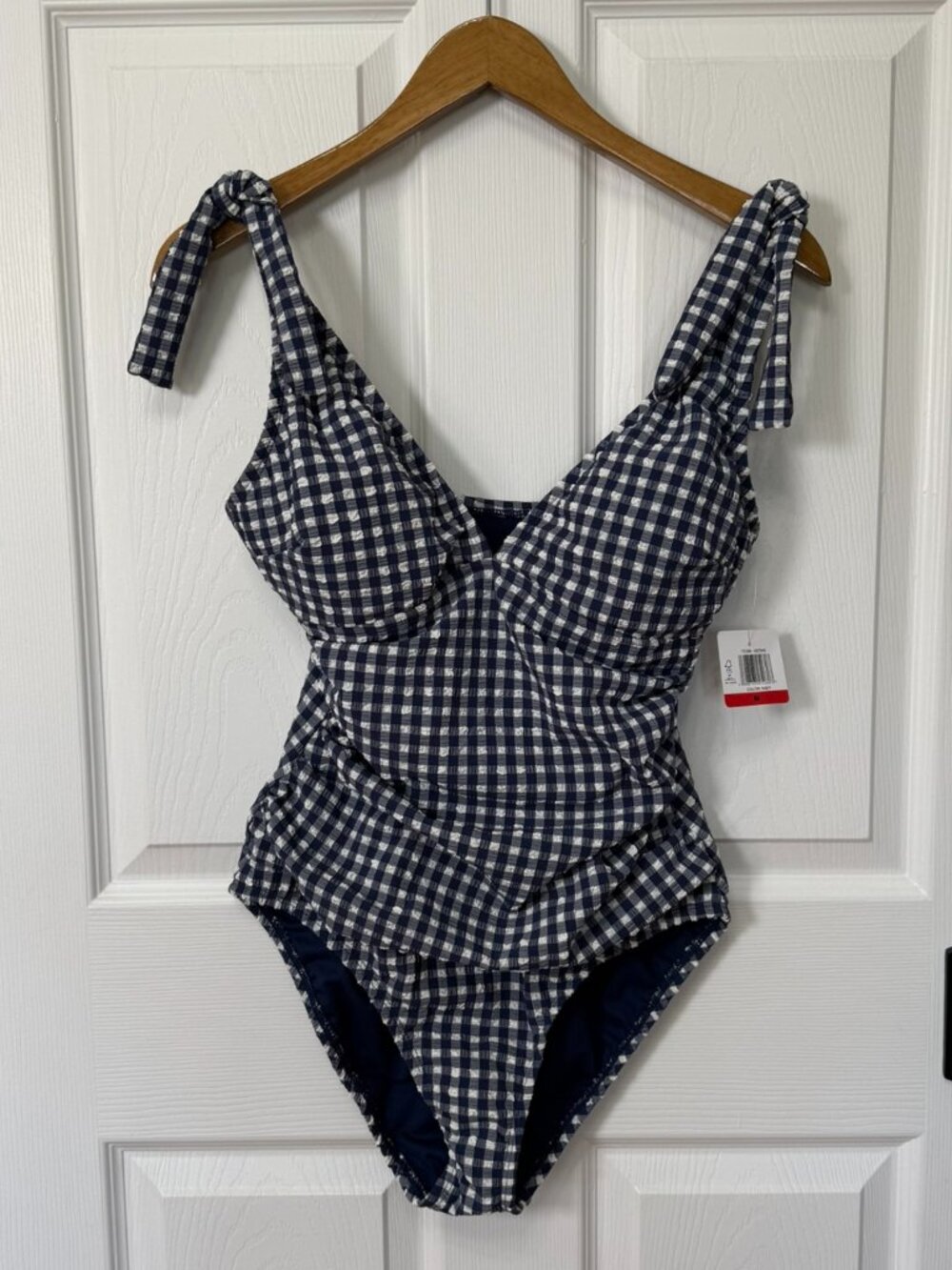 Ellen Tracy Gingham One Piece Swimsuit Ruched Tie Strap NWT Size M - Picture 3 of 10